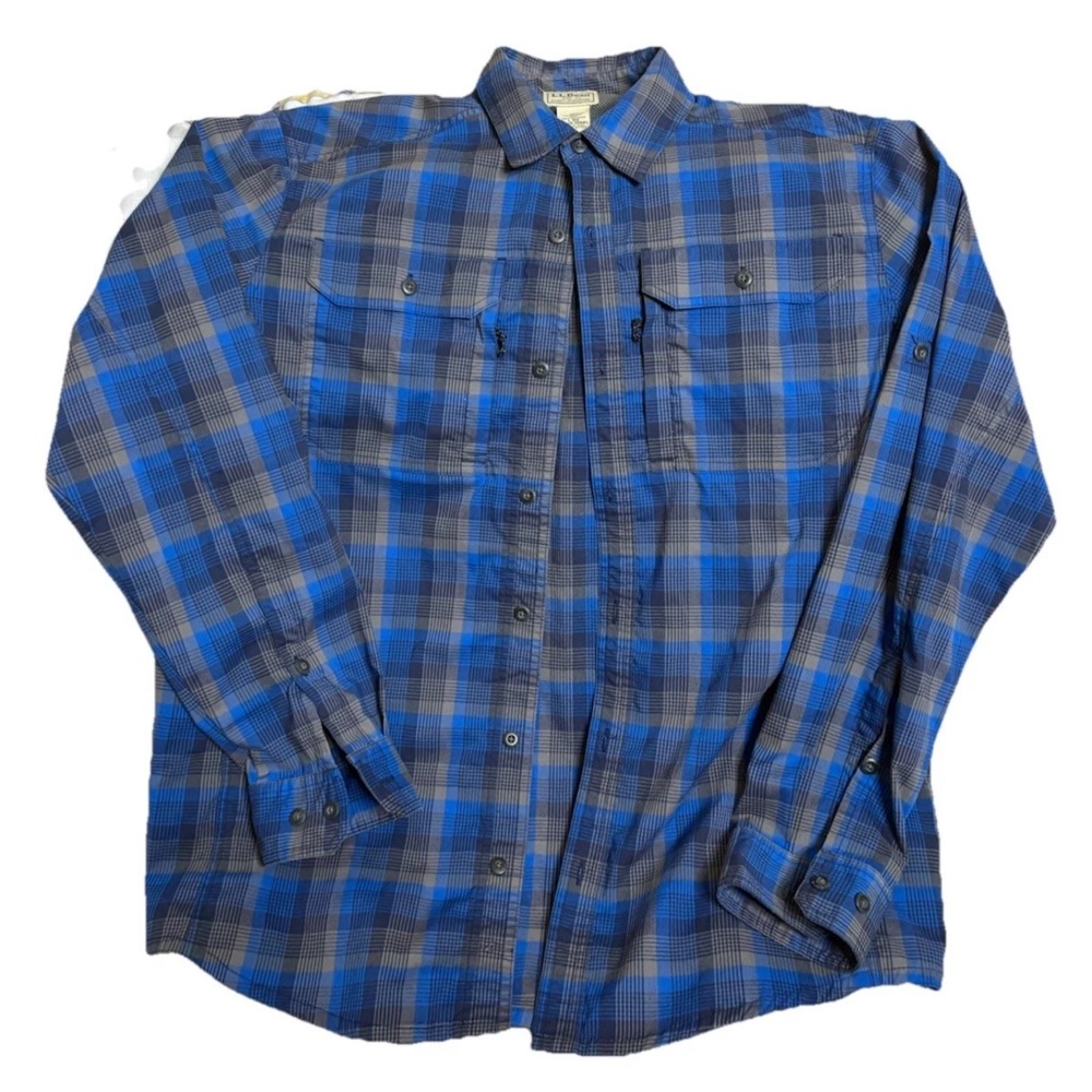 L.L. Bean Men Fishing Vented Utility Pocket Button Down Shirt  Blue  Plaid Large